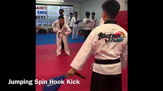 Jumping spin hook kick, 360 kick, 720 kick, 900 kick