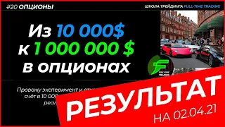 ‼️ РЕЗУЛЬТАТ НА 02.04.21:💰 ЭКСПЕРИМЕНТ: Из 10 000$ к 1 000 000 $ в опционах