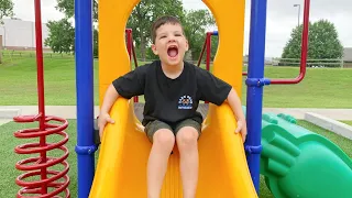 BEST PARK PLAYGROUND EVER! Caleb Plays at Fun Outdoor Playground Splash Pad for Kids, WATER SLIDES!