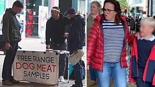 Vegan hands out DOG MEAT to SHOCKED Meateaters