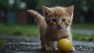 🐱 cute kitten got caught in the rain while playing with a ball 🐈 - cat rain 💦 - rain sounds walking