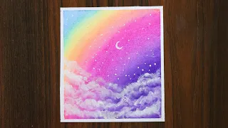 Dreamy Day 🌈Rainbow Sky & Clouds | Step by step Oil pastel Painting #144