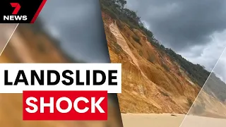 Young couple on holiday has close call with landslide along the Cooloola Coast | 7 News Australia