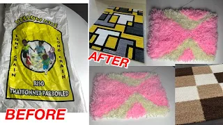 How to make a door mat using Rice sack || DIY Shaggy Mat at Home with yarn Carpet Rug Crafts