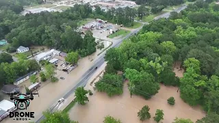 Flooding has escalated in downtown Livingston, just north of Houston area (DRONE BROS)