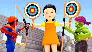 Squid Game (오징어 게임) vs Scary Teacher Spider - Miss T vs 6 Neighbor Archery with Target and Deep Hole