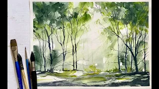 Simple BEGINNERS Woodland SUNBEAMS Watercolour Landscape, watercolor sun rays painting tutorial demo