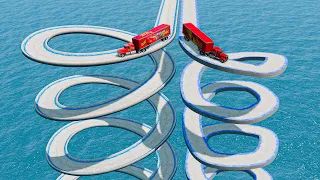 Mack Truck vs Impossible Spiral and New Spiral Bridge Crossing Cars Vs Deep Water - BeamNG.Drive