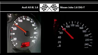 Audi A3 8L 1.6 VS. Nissan Juke 1.6 DIG-T - Acceleration 0-100km/h