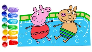 Peppa pig and Pedro Pony Swimming at the waterpark | Fun Drawing Tutorial for Kids!