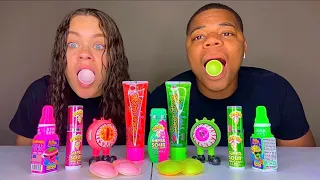 ASMR PINK VS GREEN FOOD, UFO WAFERS, SOUR CANDY SPRAY, MONSTER JAWBREAKER CANDY MUKBANG