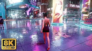 [8k] Cyberpunk 2077 - 1 Hour of Rainy Night Time Walking - Path Tracing + Super-Population RTX 4090