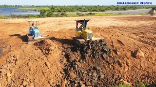 D31P KOMATSU Dozer Use Power Working Pushing Soil Build New Road And Team Mini Dump Truck Unloading