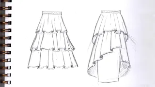 HOW TO  DRAW TIERED SKIRT WITH RUFFLES Step by Step Pencil Drawing Tutorial. Guided fashion sketch