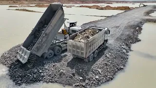 Amazing Construction Build Road on River by Equipment Machine Operator Bulldozer D60P Pushed Stone