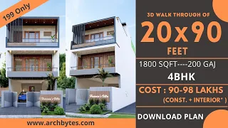 20x90 Feet Modern House Design 3D: 6 Bedrooms, 1800 Sqft, 3 Floors, Terrace Garden | 6x27 Meters