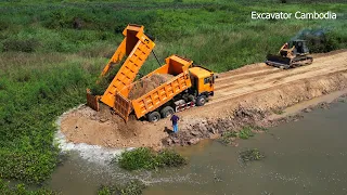 Amazing Video Building Foundation New Road By New Dump Truck Unloading Soil And Heavy Dozer Pushing