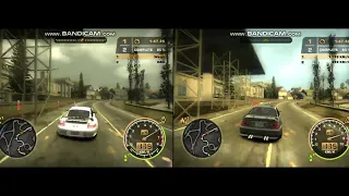 Stock Porsche 911 GT2 VS Stock BMW M3 - 2 races on 1 screen in NFS Most Wanted - Dunwich&Hills