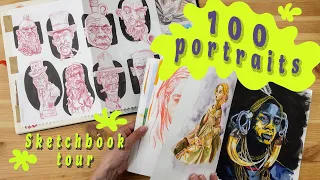 Sketchbook tour ☆ 100 portraits challenge using gouache, watercolor, colored pencils, ink and more!