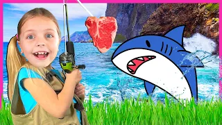 Kin Tin Learns How to Fish for Treasure! Watch out for the Shark! Fishing Pretend Play