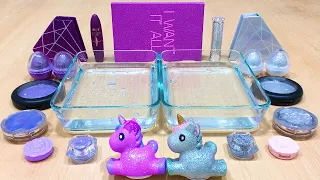 UNICORN PURPLE vs SILVER | Mixing Makeup Eyeshadow into Clear Slime! Slime Video #644