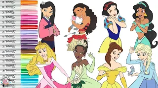 Disney Princess Coloring Book Compilation Tiana Belle Jasmine Moana Aurora Snow White Belle and Elsa