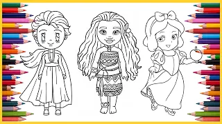 Coloring Little Elsa, Moana and Snow White Princess Disney Coloring Pages