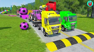 Double Flatbed Trailer Truck vs Speedbumps Train vs Cars | Tractor vs Train Beamng.Drive 004