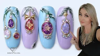 Christmas nail art. Baubles nail art. Liquid stones nail design, Xmas Baubles with glitter.