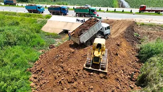 Part 4 ! Fantastic Team Dump Truck Unloading Soil Filling Build Road with KOMATSU Dozer D51P Pushing