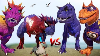 Spiderman Tarbosaurus & Malusaurus vs Spinosaurus & T-REX Dinosaurs BATTLE Jurassic World Evolution