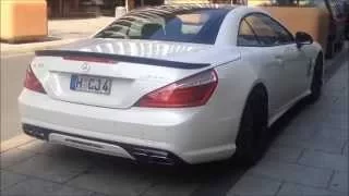 white Mercedes SL63 AMG V8 - Startup, opening roof and acceleration!