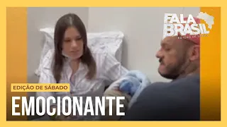 Namorada de Toguro deixa a UTI e carrega o filho pela primeira vez