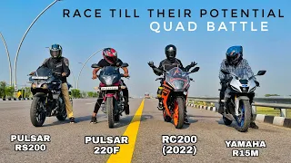 Pulsar RS 200 VS Pulsar 220F VS KTM RC200(2022) VS Yamaha R15M | Long Race | Quad Battle