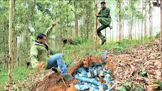 Terrified to discover strange, extremely poisonous snakes crawling under a rotting tree in the fore