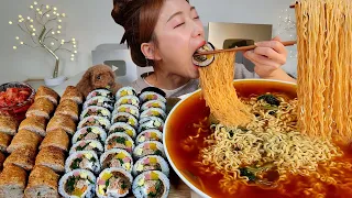 ASMR 매운진라면  달콤한 유부초밥 참치김밥 리얼먹방 :) Spicy soup ramen, kimbap, fried tofu rice balls MUKBANG