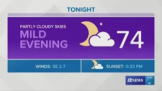 Sunday evening forcast to be mild, partly cloudy with a few showers Monday morning