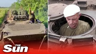 Ukrainians laugh as they repair captured Russian armour vehicle that has a NEW ENGINE