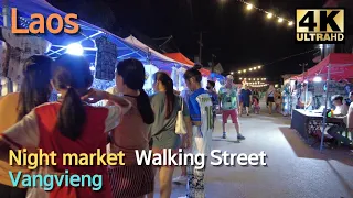 🇹🇭 2022 Vangvieng walking street night market | Laos travel | vangvieng road 4k | walking street