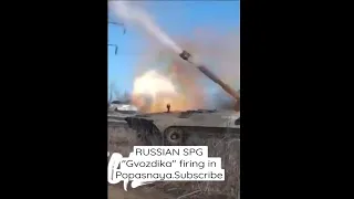 Russian SPG 122mm howitzer Gvozdika firing at Ukrainian forces in Popasnaya. Russia Ukraine war