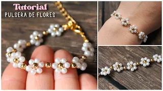 ❀ PULSERA DE FLORES con PERLAS, mostacillas o chaquiras ❀TUTORIAL