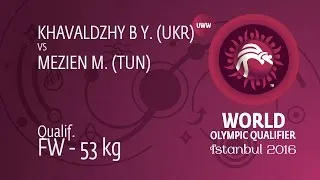 Qual. FW - 53 kg: Y. KHAVALDZHY B (UKR) df. M. MEZIEN (TUN) by FALL, 5-0