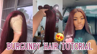 How to dye Bundles/Wig from Black to Burgundy (NO STAINED LACE) - Beginner Friendly