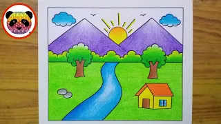 Scenery Drawing / Simple Landscape Scenery Drawing / How to Draw Landscape Very Easy Steps