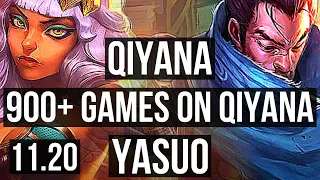 QIYANA vs YASUO (MID) | 11 solo kills, 900+ games, Legendary, 20/5/9 | EUW Master | v11.20