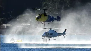 Flota de Helicópteros actúa sacando agua del mar, para frenar incendio forestal en Dichato