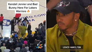 Kendall Jenner and Bad Bunny say hi to Lewis Hamilton courtside at the Lakers Vs Warriors NBA game 6