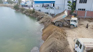 Great Project Zoom in Road​ Add By KOMATSU D60P Bulldozer & Dump Truck Unloading Soil in Deep Water