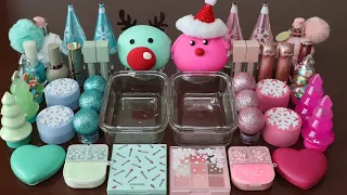 Mixing”Pink vs Mint Christmas” Eyeshadow and Makeup,parts Into Slime!Satisfying Slime Video!★ASMR★