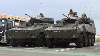 装備実験隊【共通戦術装輪車(歩兵戦闘型/偵察戦闘型/機動迫撃砲型)】新東名高速SA到着~出発